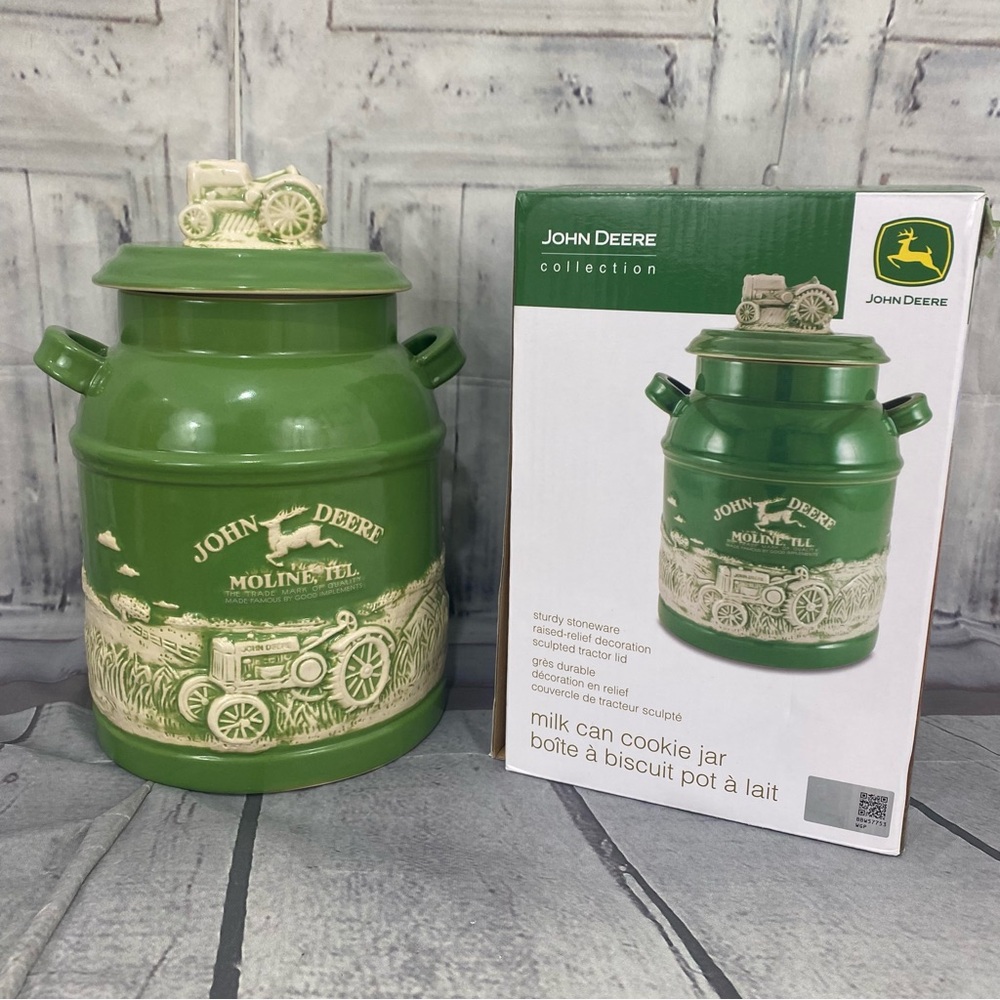 John Deere Green and Cream Ceramic Milk Can Cookie Jar
